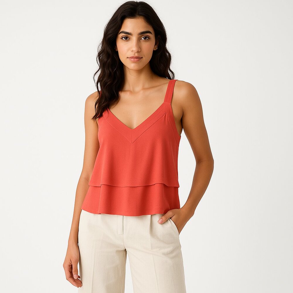 Sympli Womens Size 10 Coral Sleeveless V Neck Tiered Top Summer Vacay
